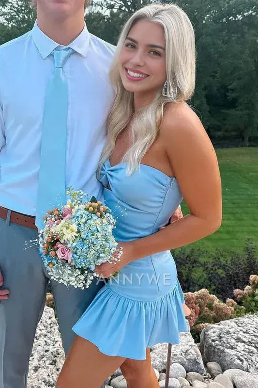 FannyWe Simple Blue Strapless Keyhole Pleats Sleeveless Tight Homecoming Dress formal wear dresses