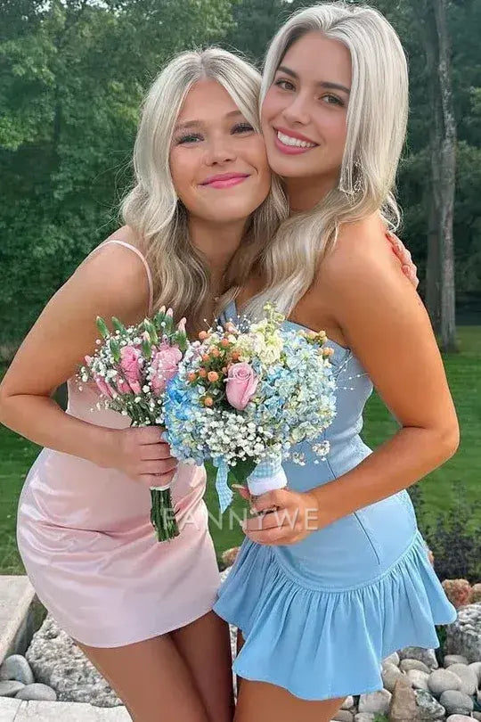 FannyWe Simple Blue Strapless Keyhole Pleats Sleeveless Tight Homecoming Dress formal wear dresses