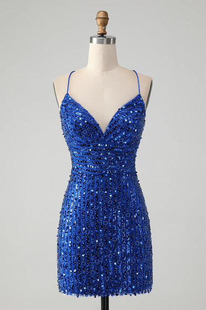 Sparkly Tight Sequins Short Homecoming Dress with Lace Up Back