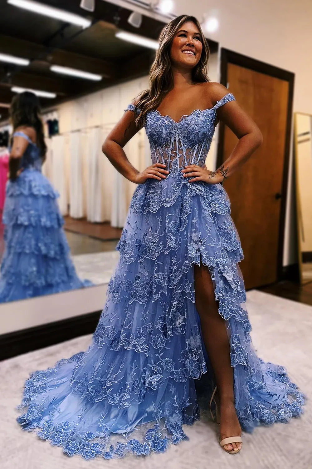 A-line Goegeous Off The Shoulder Long Tiered Prom Dress With Appliques