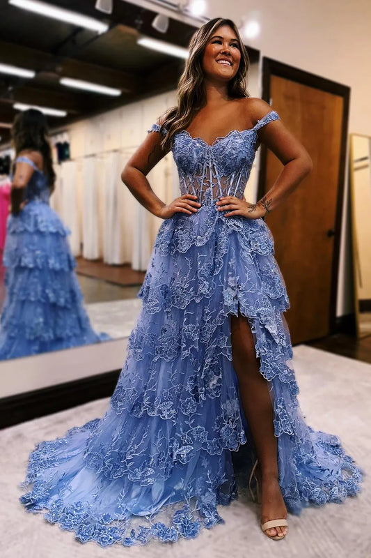 A-line Goegeous Off The Shoulder Long Tiered Prom Dress With Appliques