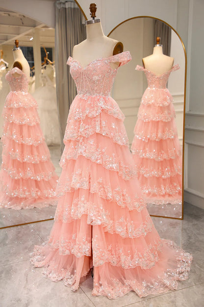A-Line Off The Shoulder  Sequin Long Prom Dress with Split