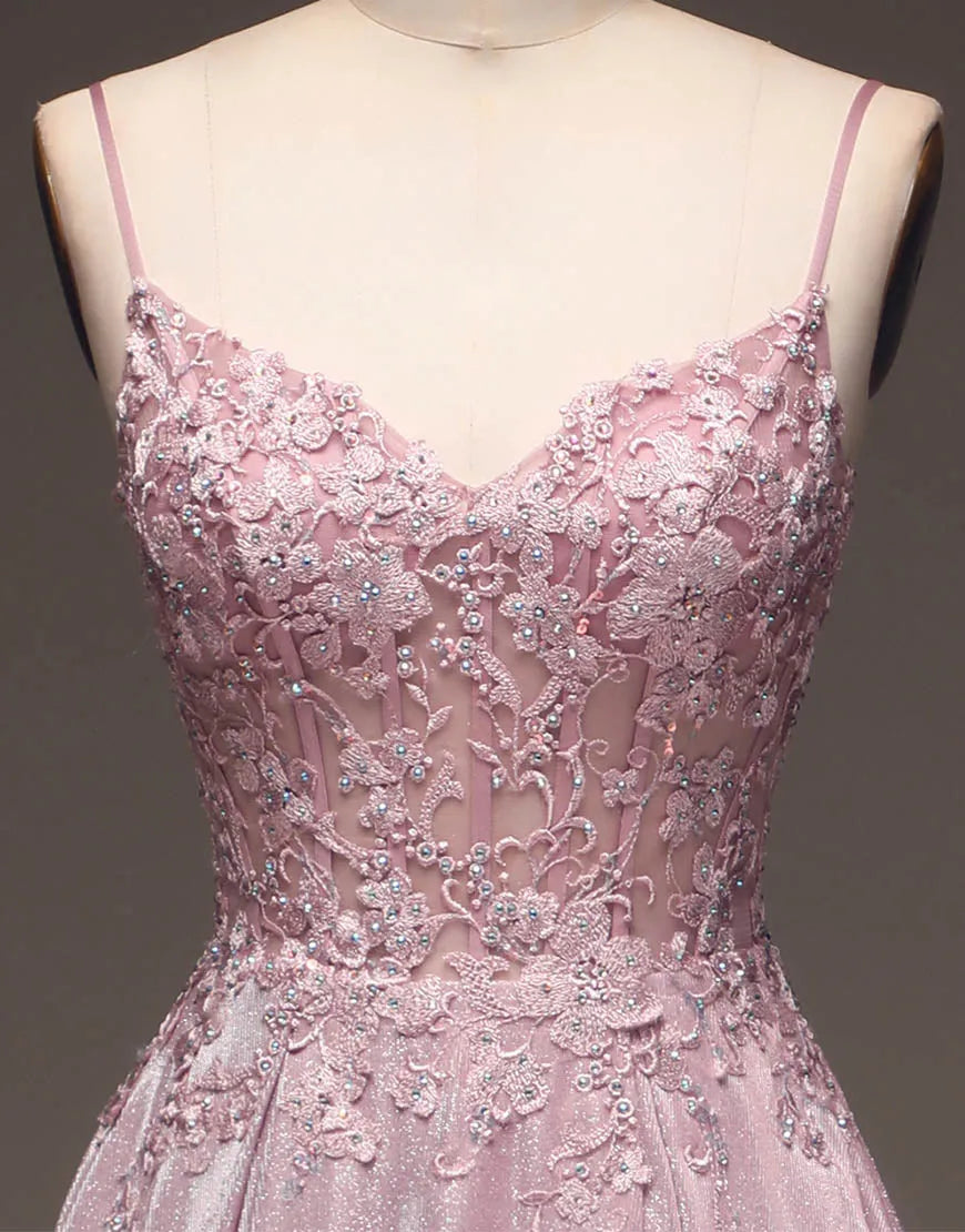 A-Linie Spaghettiträger Langes Glitzer-Ballkleid