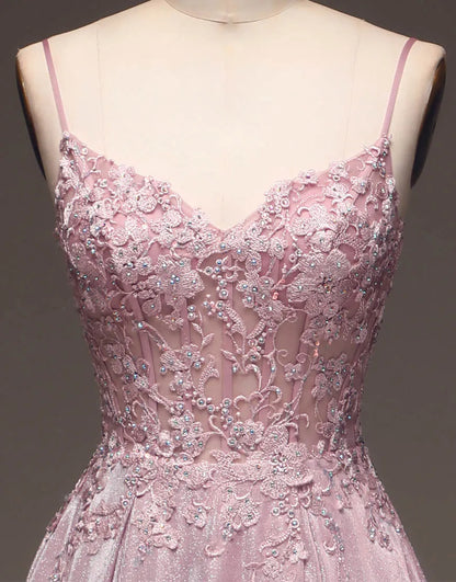 A-Linie Spaghettiträger Langes Glitzer-Ballkleid