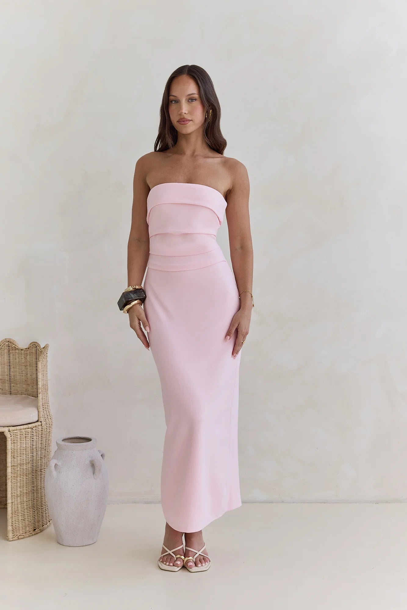 Blush Pink Strapless Ruched Waist Back Slit Maxi Evening Dress