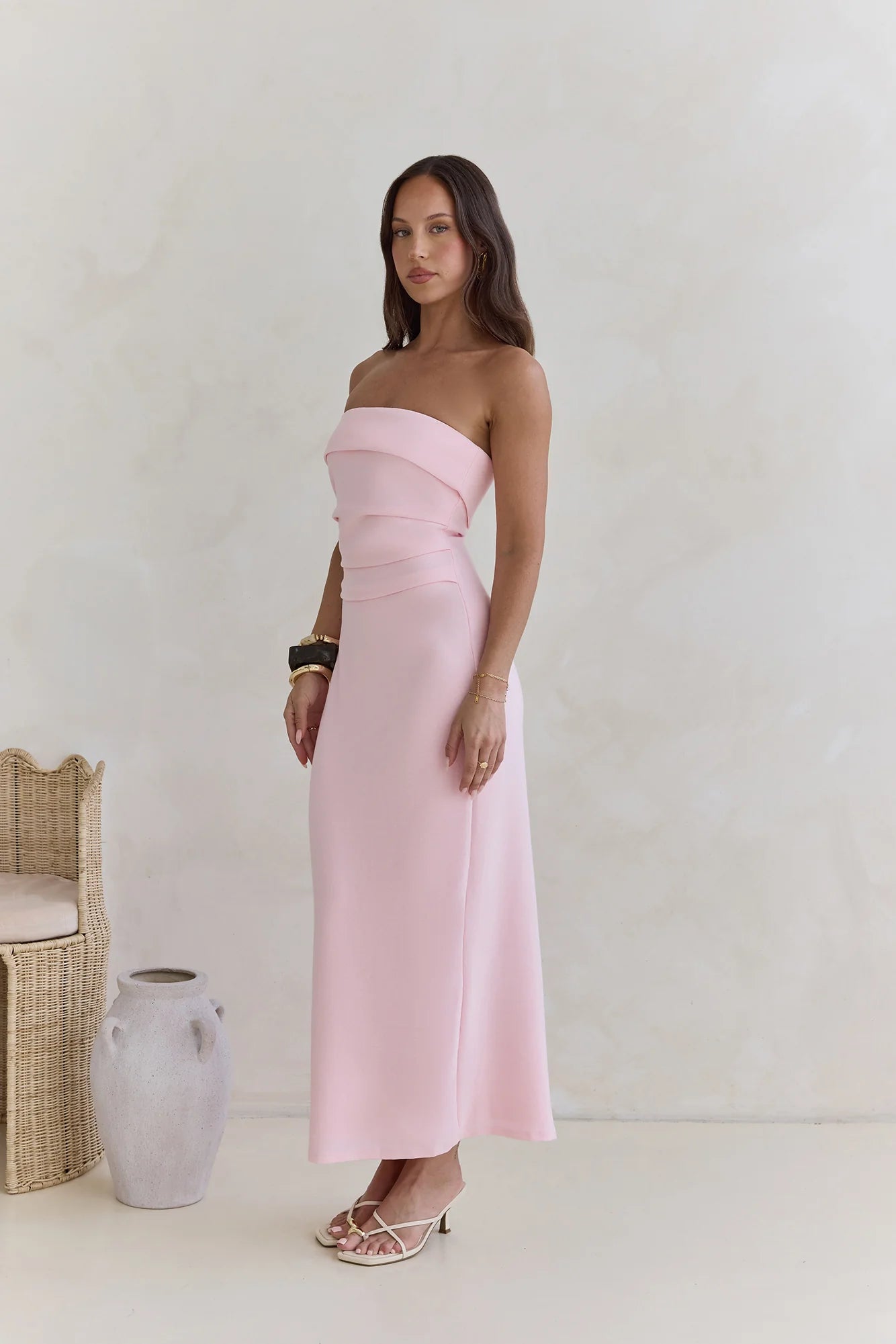 Blush Pink Strapless Ruched Waist Back Slit Maxi Evening Dress