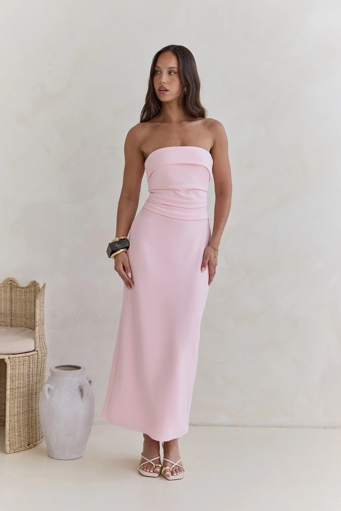 Blush Pink Strapless Ruched Waist Back Slit Maxi Evening Dress