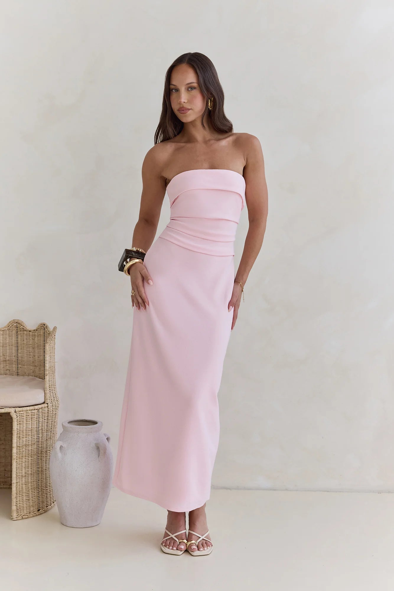 Blush Pink Strapless Ruched Waist Back Slit Maxi Evening Dress