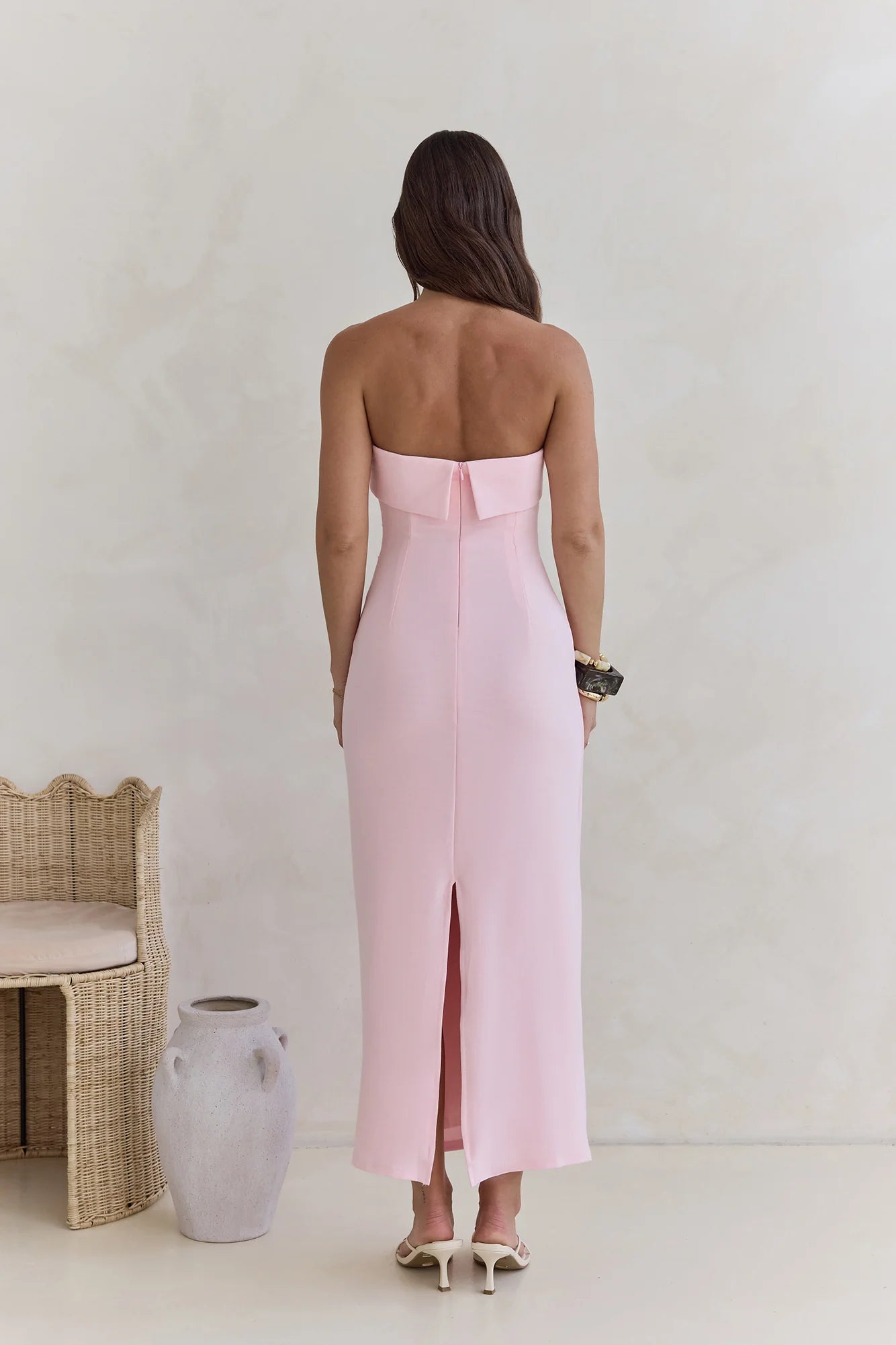 Blush Pink Strapless Ruched Waist Back Slit Maxi Evening Dress