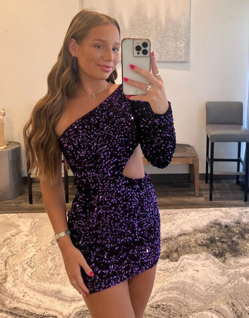 Sleeves Sequin Bodycon One Shoulder Long Homecoming Dress