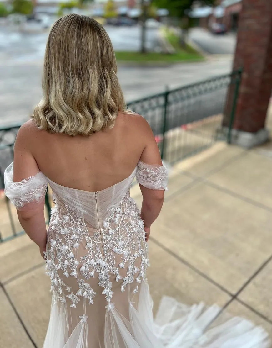 Boho Mermaid Off The Shoulder Tulle Wedding Dress With Appliques