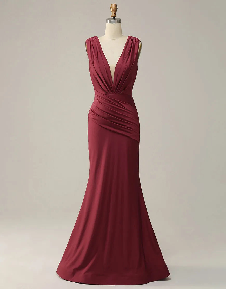 Vestido de fiesta largo de sirena con escote en V y pliegues brillantes