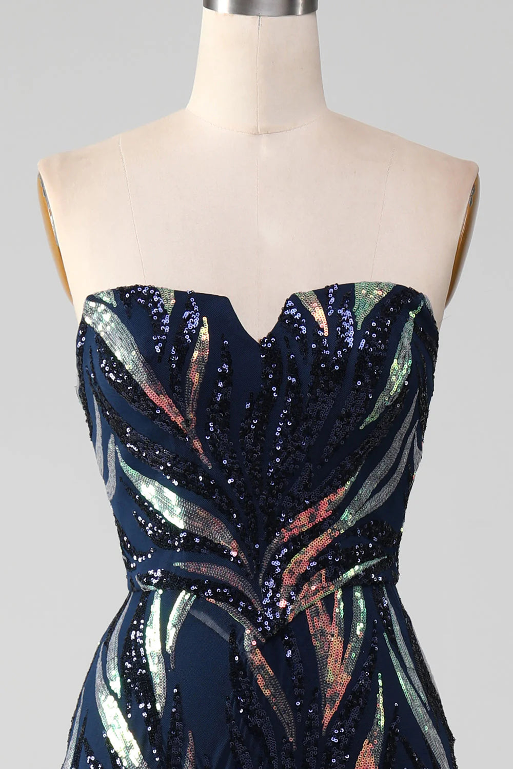 Vestido de fiesta largo de sirena con lentejuelas y brillantes en azul marino