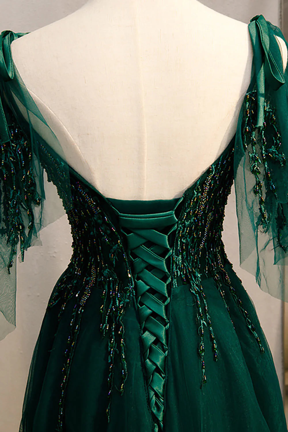 A-Linie Spaghettiträger Dunkelgrünes Ballkleid mit Perlenbesatz