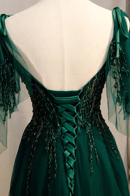A-Linie Spaghettiträger Dunkelgrünes Ballkleid mit Perlenbesatz