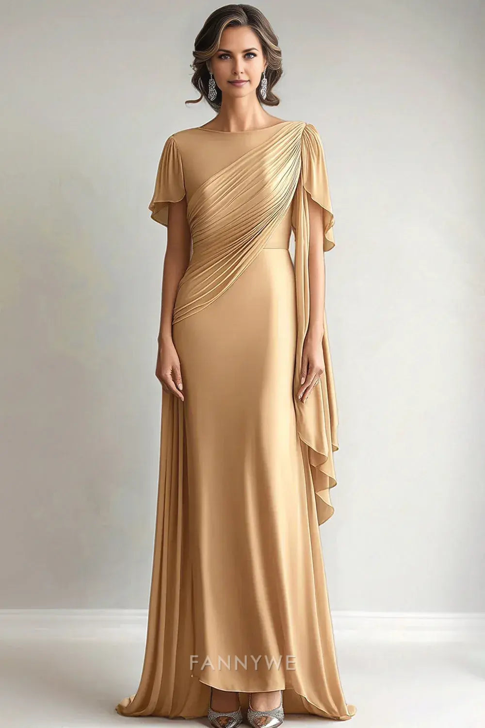 Elegant Cap Sleeve Draped Maxi Dress Mother of the Bride Dress