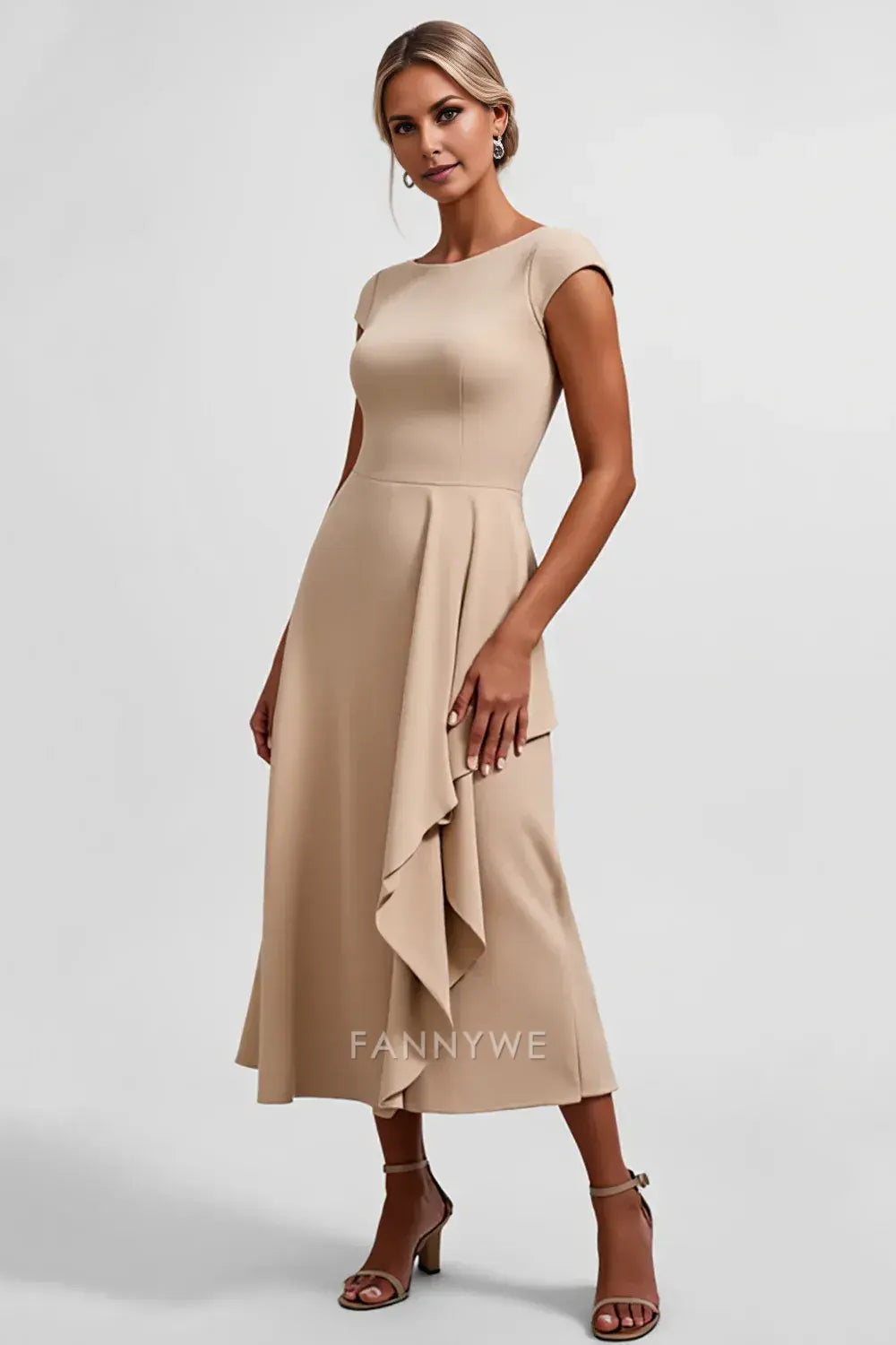 Elegant Cap Sleeve Ruffled Midi Dress Mother of the Bride Dress
