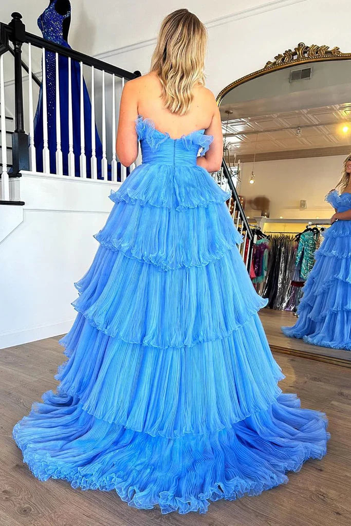 A Line Strapless Charming Long Prom Dress with Ruffles
