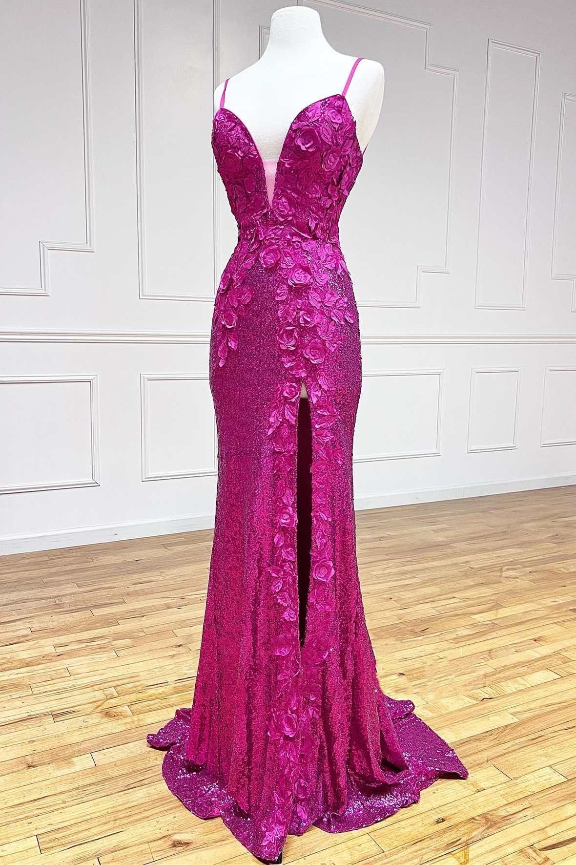 Spaghetti Straps Long Front Split Prom Dresses Glitter Evening Dresses