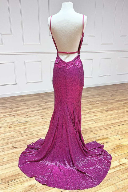 Spaghetti Straps Long Front Split Prom Dresses Glitter Evening Dresses