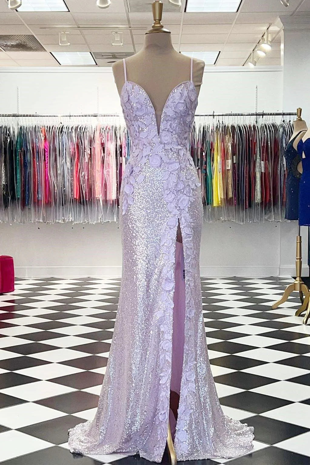 Spaghetti Straps Long Front Split Prom Dresses Glitter Evening Dresses