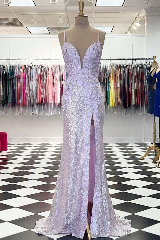 Spaghetti Straps Long Front Split Prom Dresses Glitter Evening Dresses