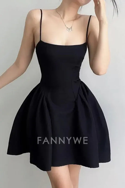 FannyWe Elegant Chic Black Spaghetti Straps A-Line Scoop Satin Short Homecoming Dress formal wear dresses