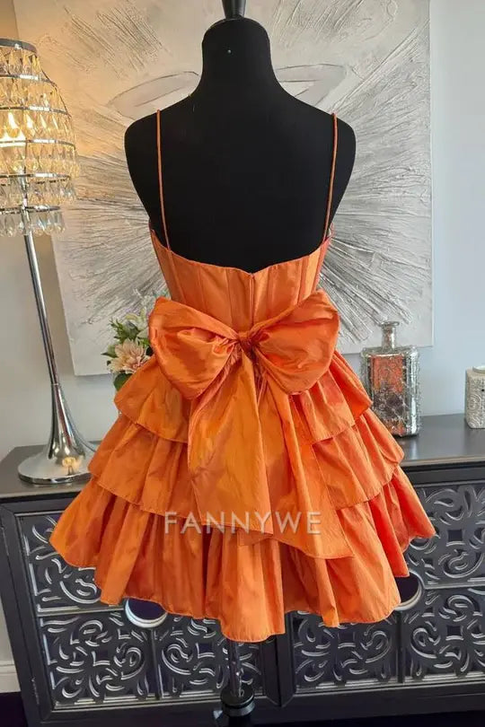FannyWe Simple Chic Spaghetti Straps Sleeveless A-Line Ruffle Satin Homecoming Dress formal wear dresses