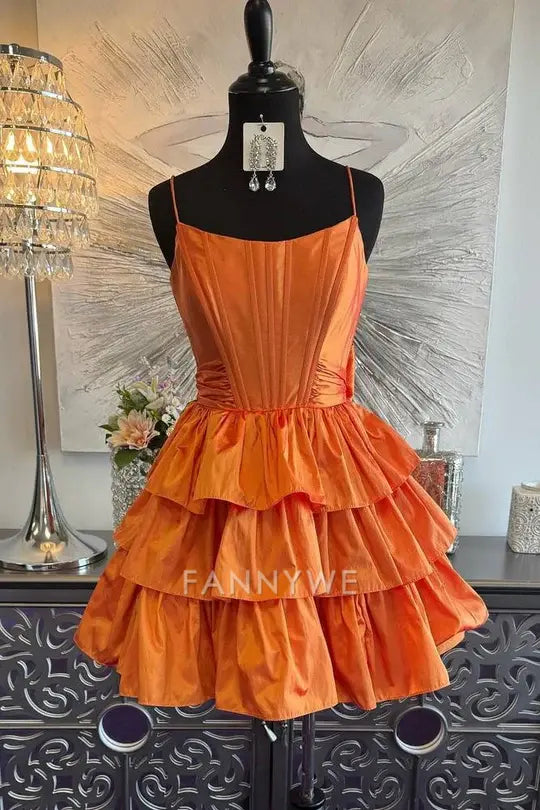 FannyWe Simple Chic Spaghetti Straps Sleeveless A-Line Ruffle Satin Homecoming Dress formal wear dresses