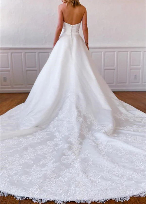 Strapless Satin Sweep Train Lace Appliques Wedding Dresses
