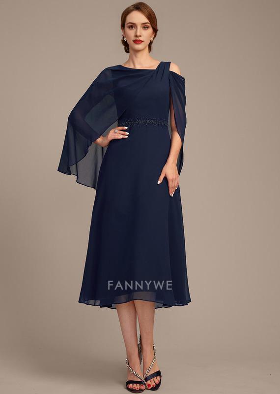 Classic A-Line Asymmetrical Cold Shoulder Short Sleeve Back Zip Tea-Length Mother of the Bride Dress