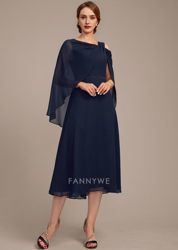 Classic A-Line Asymmetrical Cold Shoulder Short Sleeve Back Zip Tea-Length Mother of the Bride Dress
