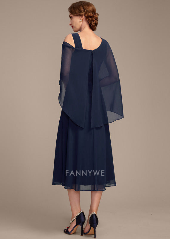 Classic A-Line Asymmetrical Cold Shoulder Short Sleeve Back Zip Tea-Length Mother of the Bride Dress