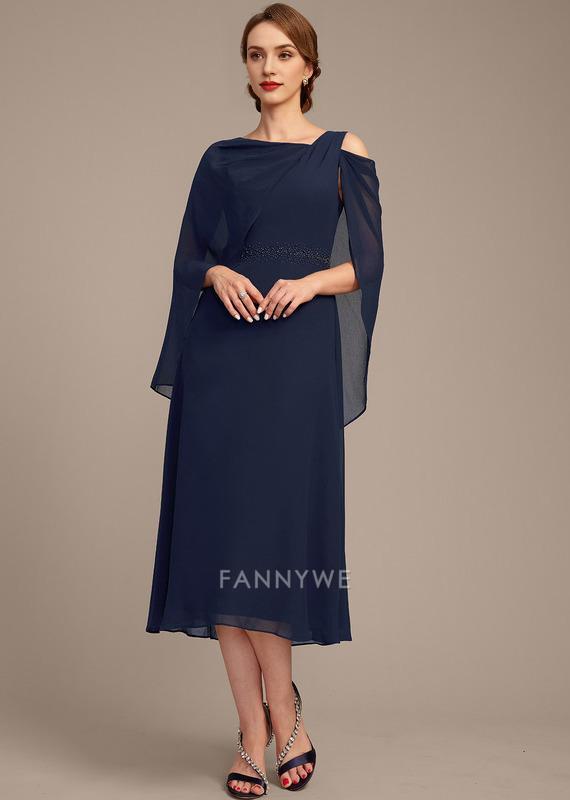 Classic A-Line Asymmetrical Cold Shoulder Short Sleeve Back Zip Tea-Length Mother of the Bride Dress