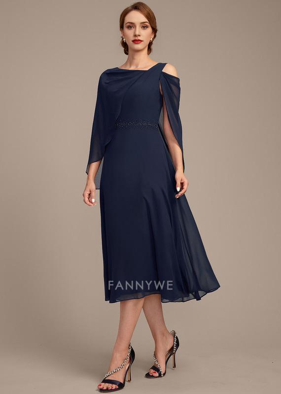 Classic A-Line Asymmetrical Cold Shoulder Short Sleeve Back Zip Tea-Length Mother of the Bride Dress