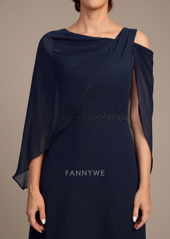 Classic A-Line Asymmetrical Cold Shoulder Short Sleeve Back Zip Tea-Length Mother of the Bride Dress