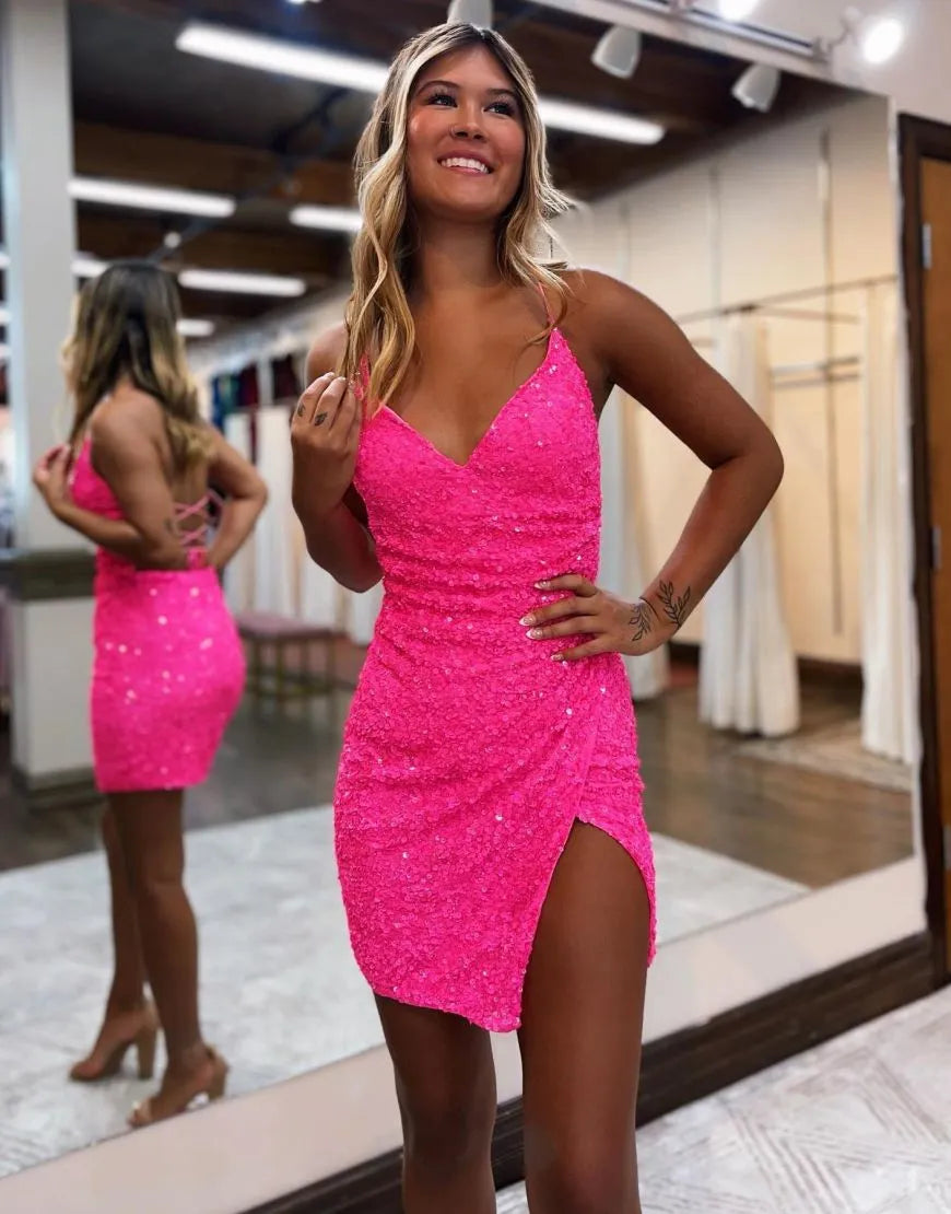 Vestido de fiesta con abertura en la espalda y corsé en forma de A con lentejuelas