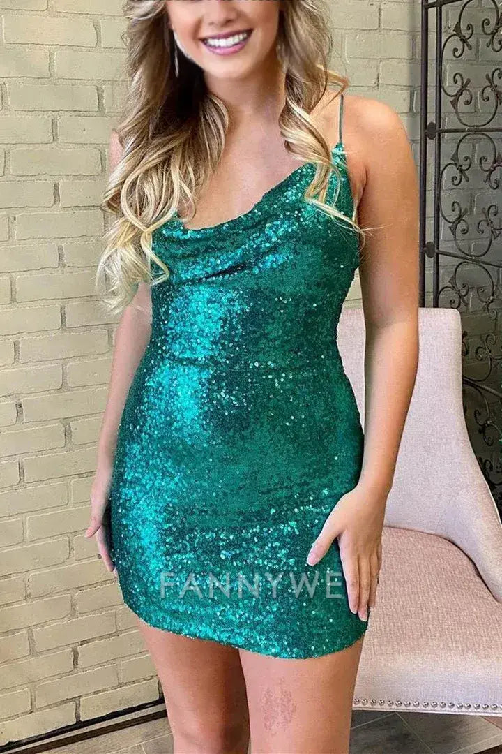 FannyWe Elegant Cowl Neck Green Sequins Bodycon Party Dress formal wear dresses