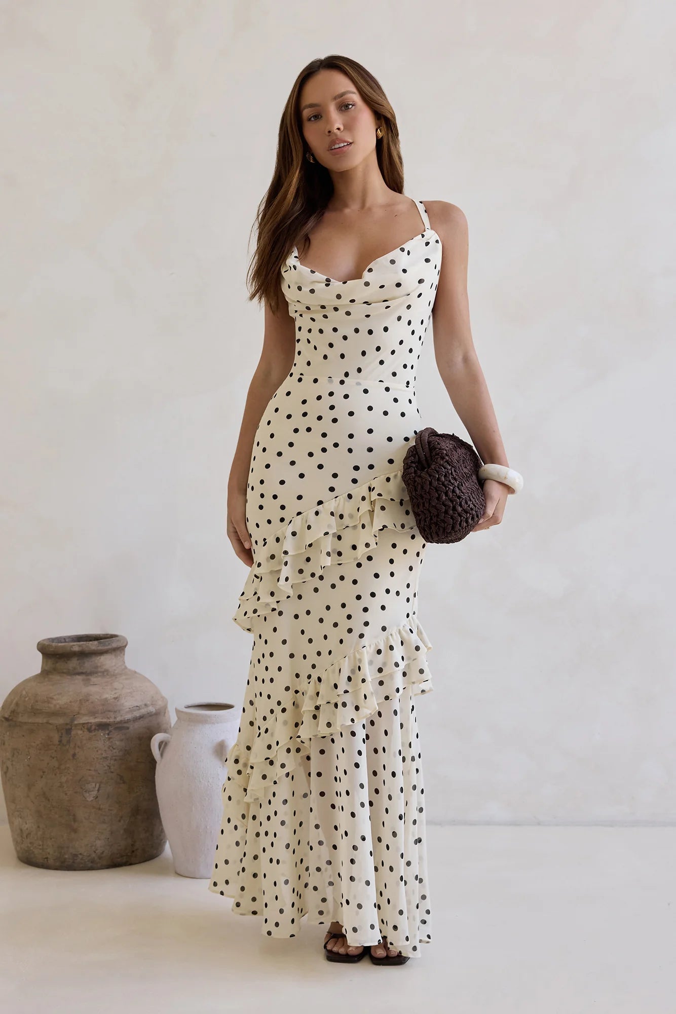 Cream Black Polka Dot Ruffle Tiered Crisscross Back Maxi Dress