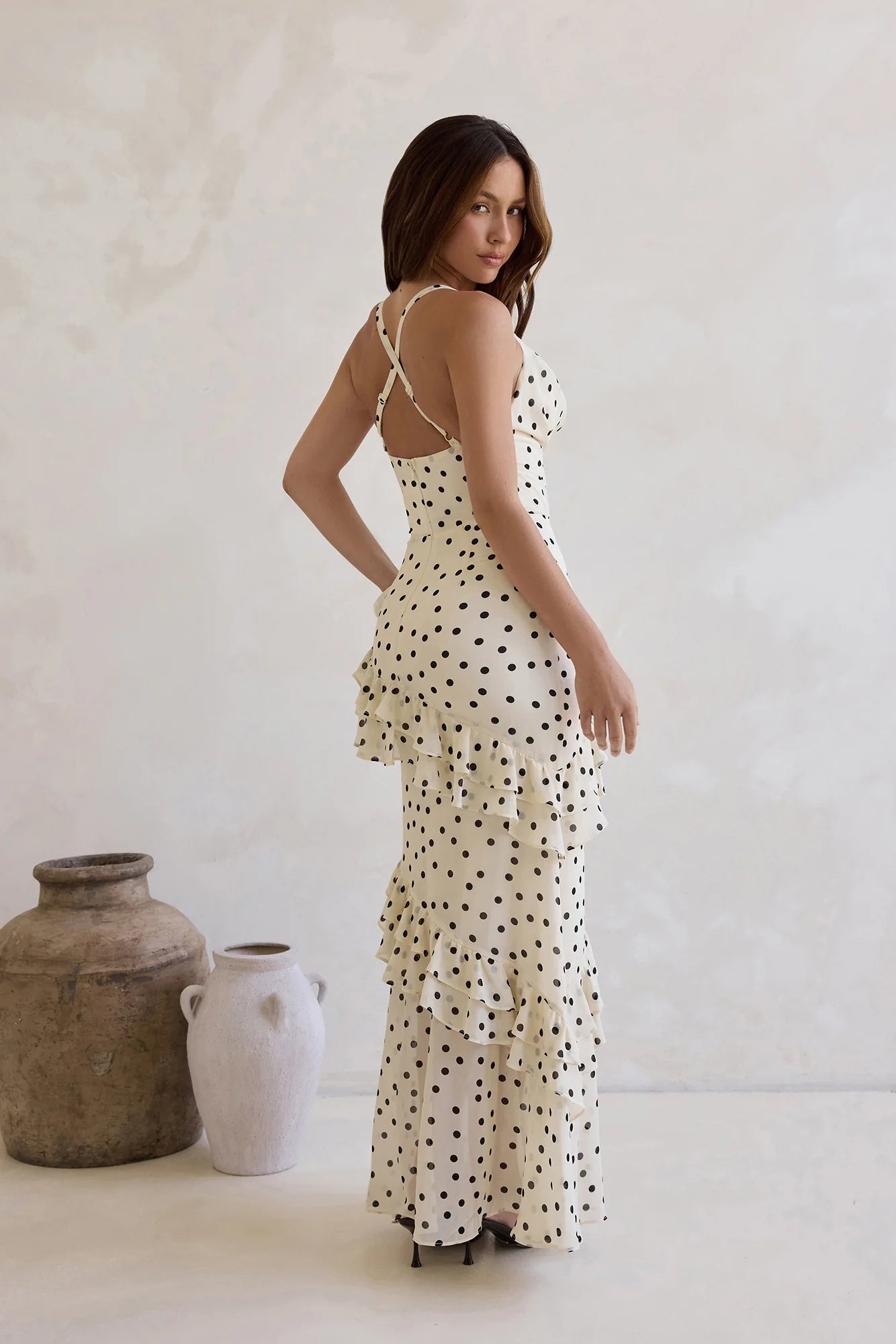 Cream Black Polka Dot Ruffle Tiered Crisscross Back Maxi Dress