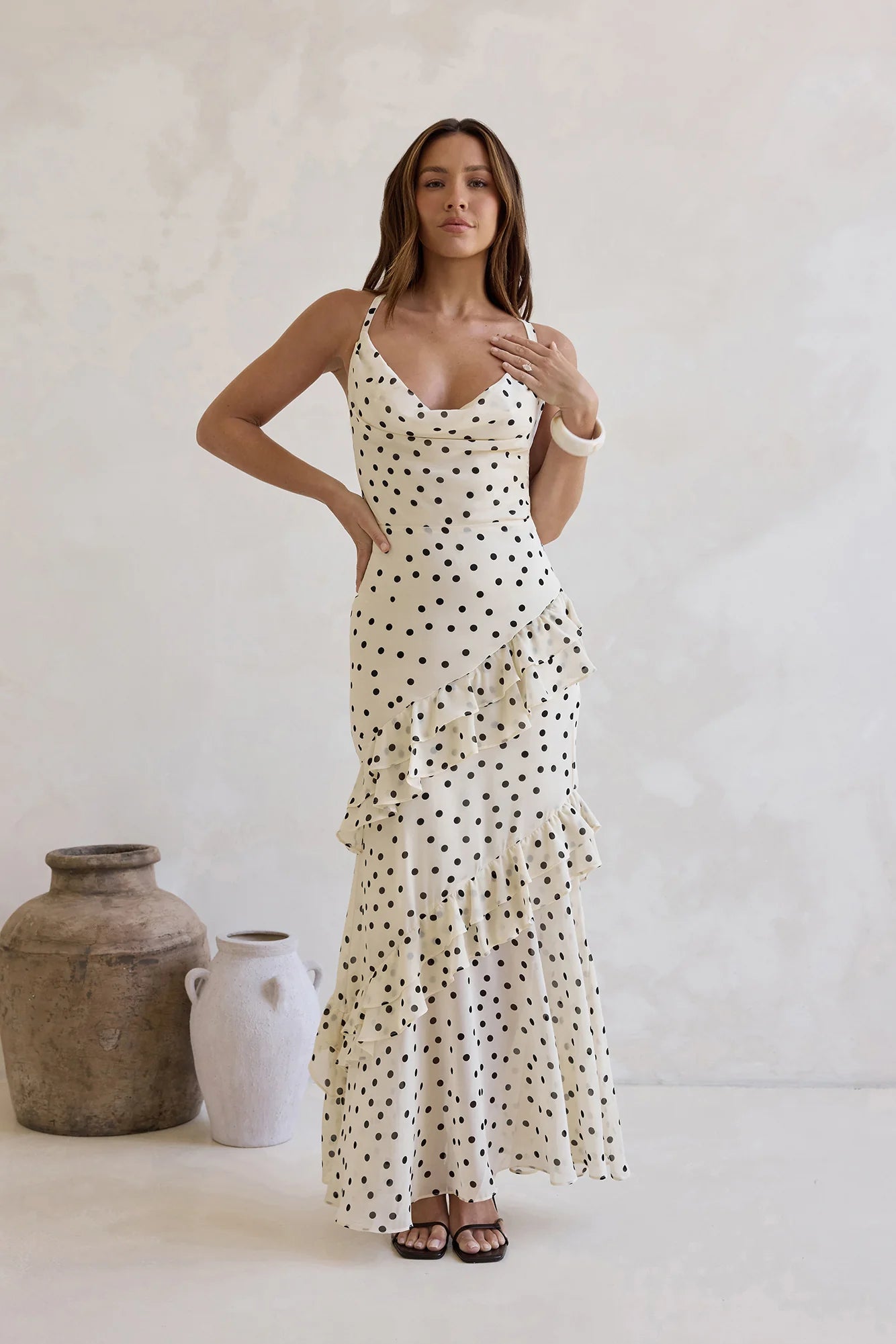 Cream Black Polka Dot Ruffle Tiered Crisscross Back Maxi Dress