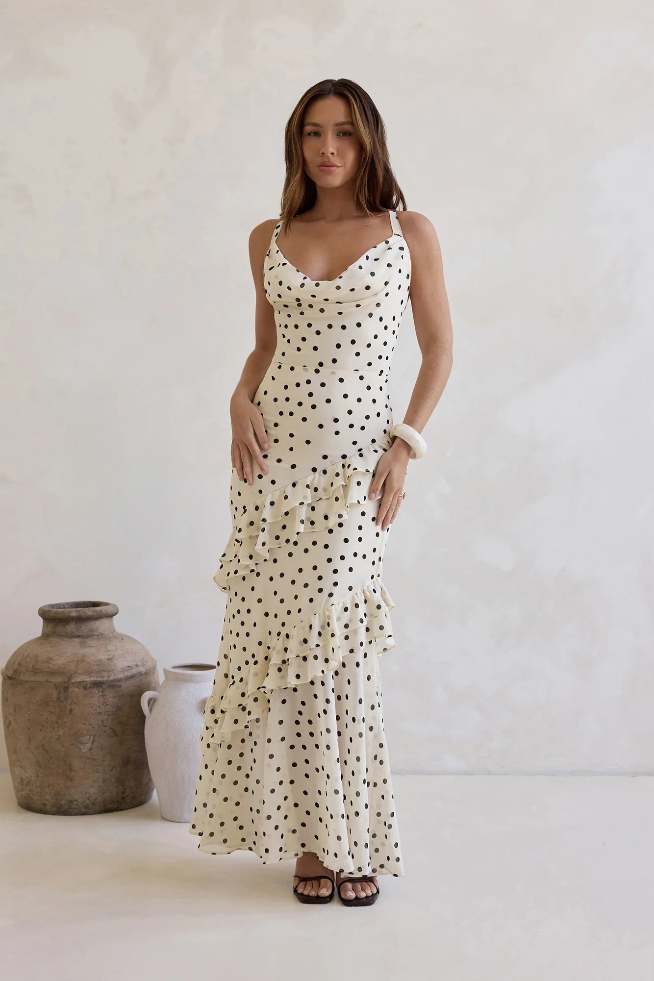 Cream Black Polka Dot Ruffle Tiered Crisscross Back Maxi Dress