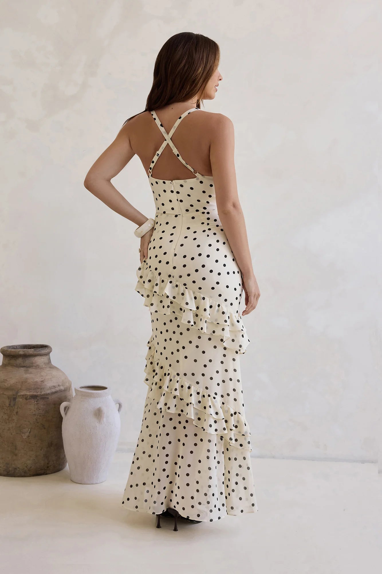 Cream Black Polka Dot Ruffle Tiered Crisscross Back Maxi Dress
