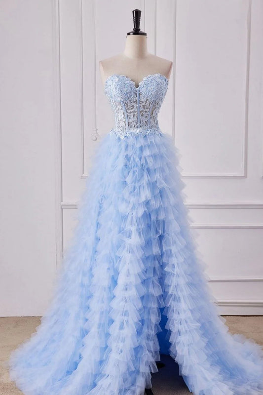 A-Line Lace Top Long Tulle Prom Dress With Slit