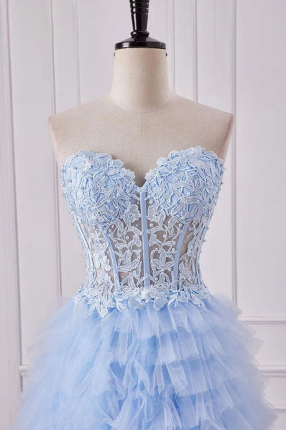 A-Line Lace Top Long Tulle Prom Dress With Slit