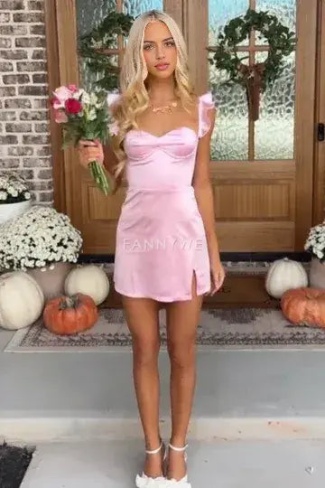 FannyWe Cute Pink Straps Sweetheart Sleeveless Pleats Satin Short Homecoming Dress formal wear dresses