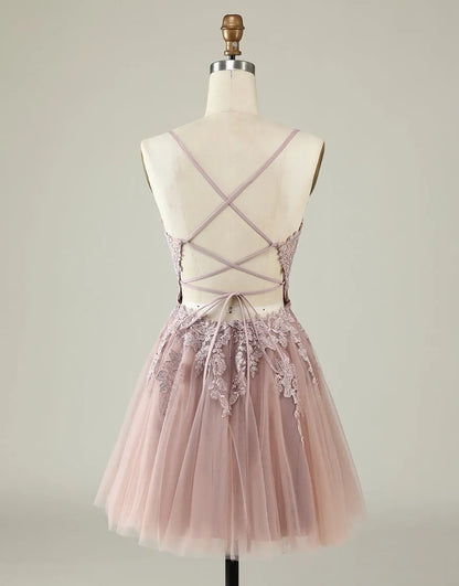 A-Line Spaghetti Straps Appliques Corset Back Tulle Homecoming Dresses