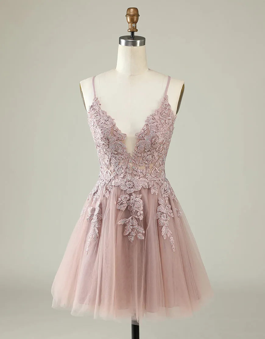 A-Line Spaghetti Straps Appliques Corset Back Tulle Homecoming Dresses