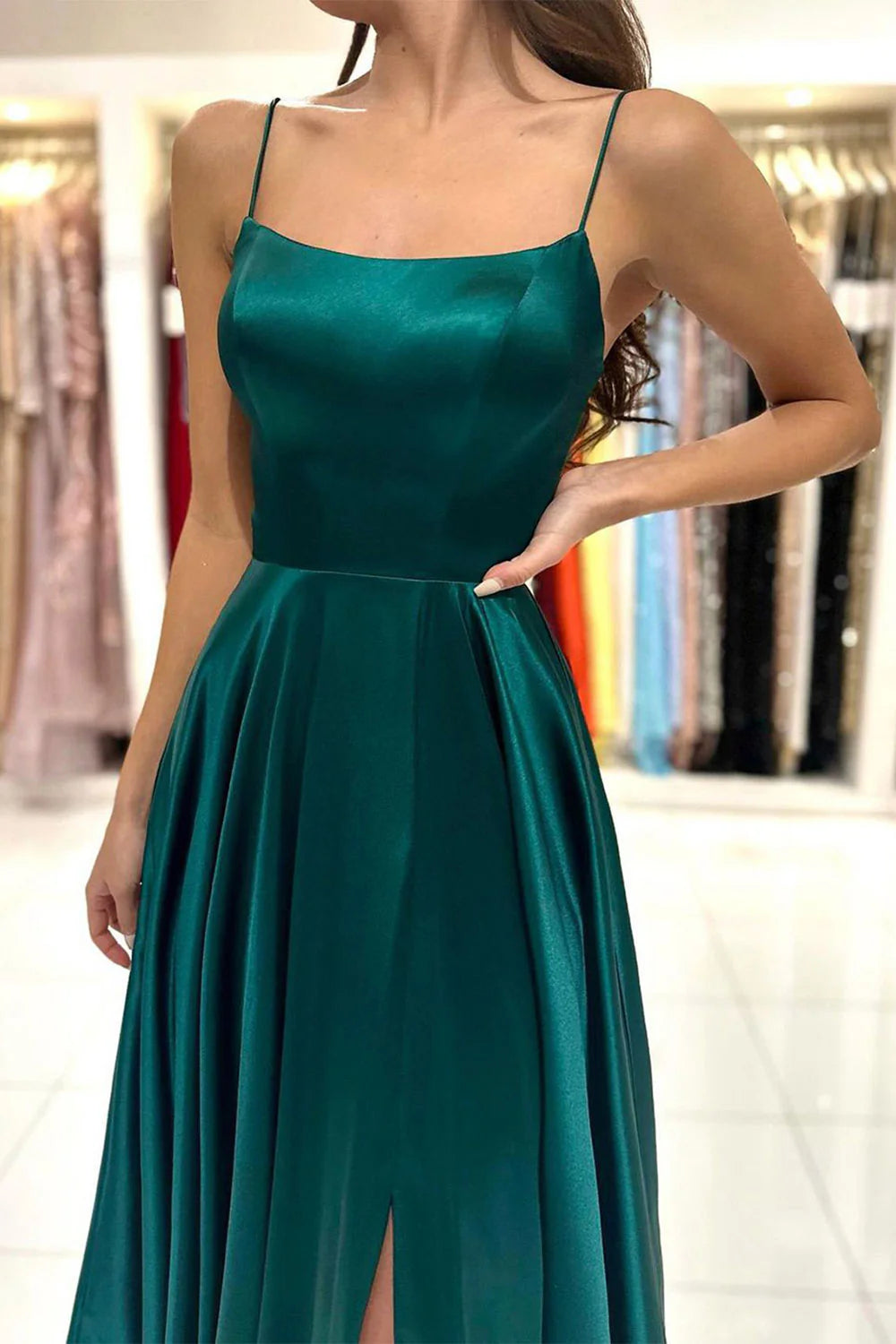 Mermaid Spaghetti Straps Satin Long Prom Dress with Slit