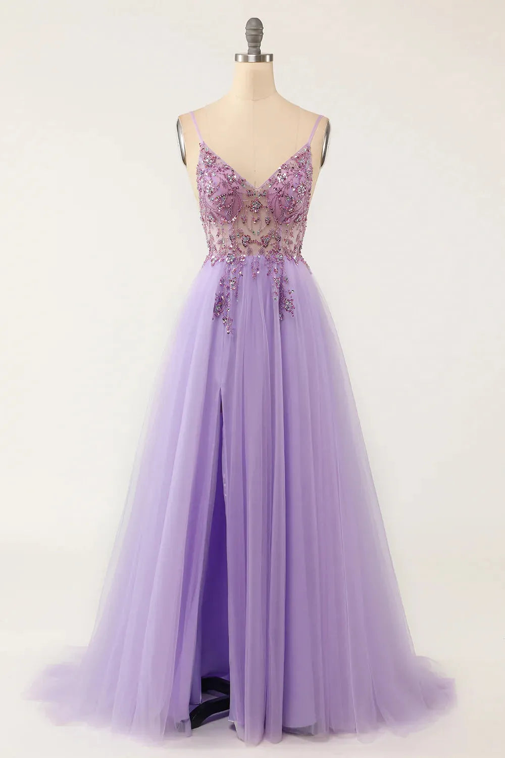 A-line Gorgeous Tulle Spaghetti Straps Long Prom Dress with Beading